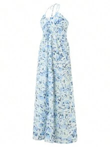 Women Long Dress, Elegant Sleeveless Tie-Up Halterneck Floral Dress Summer Swing Dress - 藍色 - 查看 10