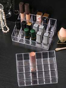 1pc Desktop Transparent PET Makeup Organizer Box, Multi-Compartment Lipstick & Cosmetics Storage Display Tray,For Holiday Beach, Bathroom Collection, Bedroom Collection, Large Capacity