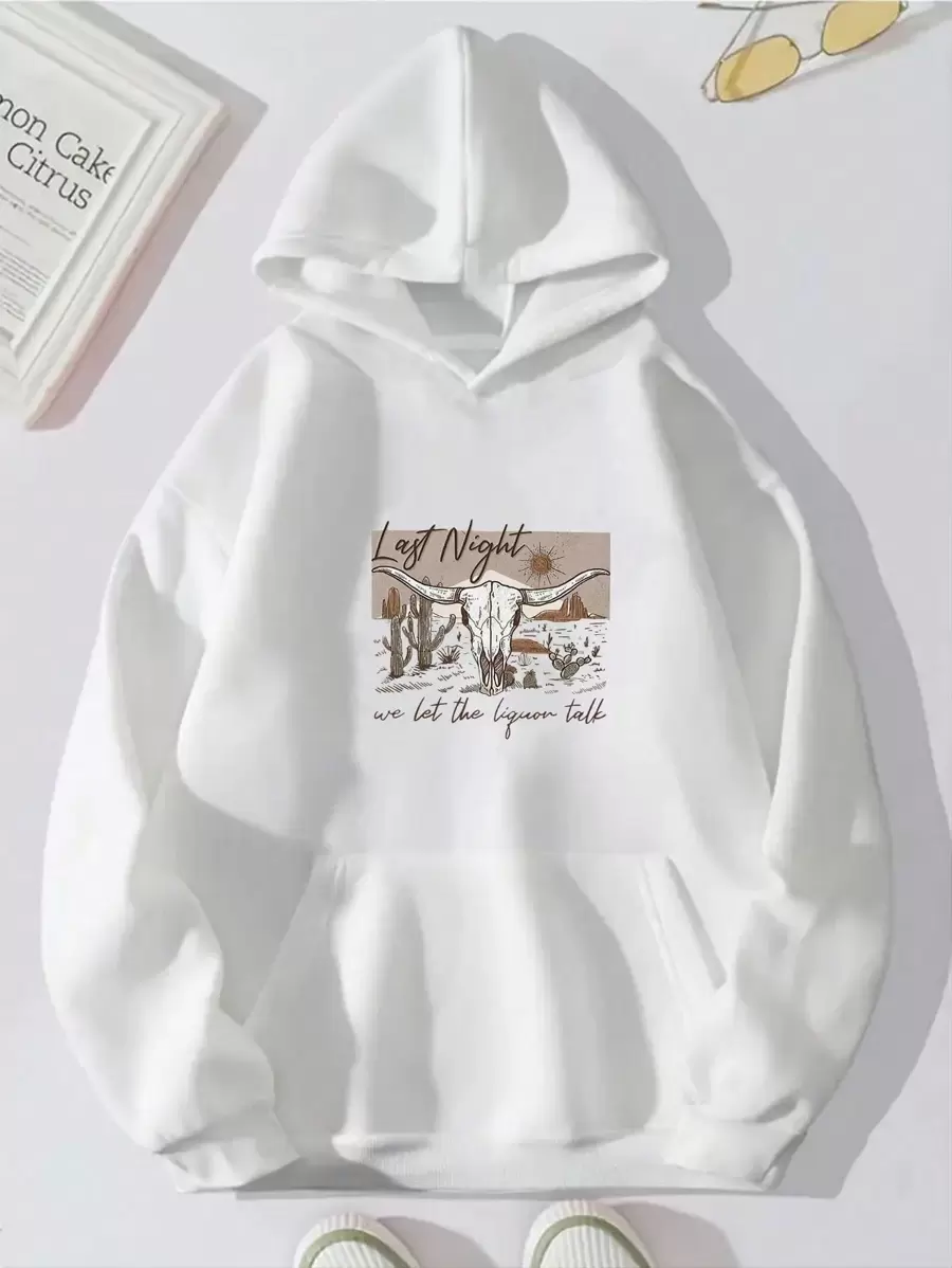 MURAMASA Sudadera con estampado de cactus y slogan con forro térmico - Blanco - Ver 1
