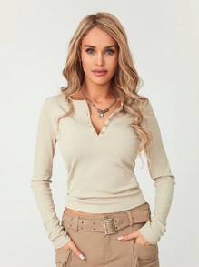 Womenacute;S Spring Autumn Knit T-Shirt Long Sleeve Solid Color Button Up Ribbed Tops