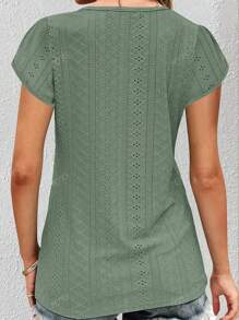Vrouwen effen kleur contrast kant V-hals flounce korte mouw casual top