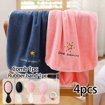 1套情侣毛巾，全新设计，绣有多巴胺兔子、月亮、星星和字母图案，女士柔软珊瑚绒加厚吸水毛巾，适用于居家、海滩、浴室、水疗、健身房、瑜伽、淋浴。买2条毛巾送1把梳子和1个发带，学校、返校、旅行、旅行必需品、家居必需品、毛巾、护肤品