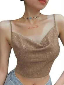 Women Spring And Summer Crop Top, Black Shiny Spaghetti Straps Low Cut V-Neck Form-Fitting Tank Top For Girls - Gold - View 1