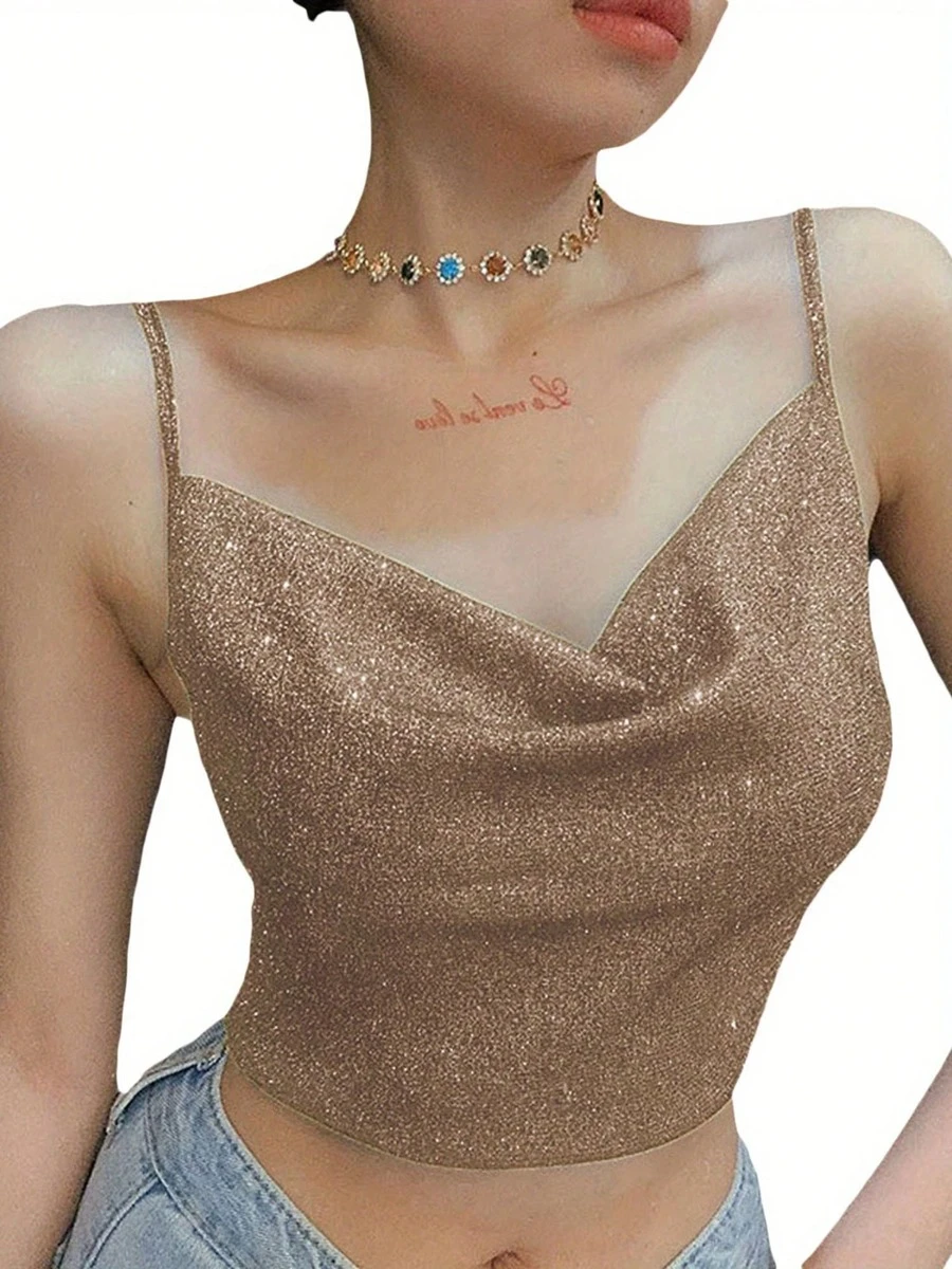 Women Spring And Summer Crop Top, Black Shiny Spaghetti Straps Low Cut V-Neck Form-Fitting Tank Top For Girls - Gold - View 1