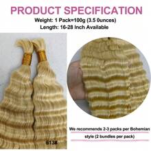 Cabello humano rubio 613 a granel en olas profundas, 100g de mechones de cabello humano en ondas profundas para trenzas estilo boho, extensiones de cabello sin trama, 2 trenzas por paquete, cabello humano ondulado y húmedo para trenzar