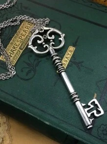 1 pieza Colgante de llave mágica misterio gótico, collar de joyería de brujería vintage de bronce plateado como regalo para hombres