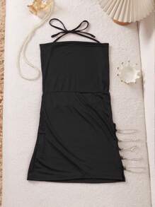 Ladies' Sexy Solid Color Backless Deep V-Neck Summer Dress,Elastic Waist Sleeveless Dress,Lace Up,Side Slit Nightgown,Metal Chain Decoration,Spaghetti Strap Slip Short Dress,Wrap The Buttocks Skirt,Secretary's Skirt,Sexy Women Dresses,Nightdress Party Dress ,Prom Dress,Sexy Lingerie