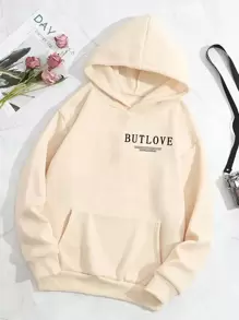 Men's Loose Slogan Hoodie With Rose Floral Print - Khaki - View 2