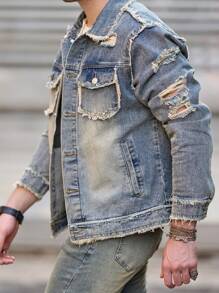 Men's Denim Jacket, Men's Fashionable Denim Jacket, Washed Classic Casual Distressed Slim Fit Truck Denim Jacket - 藍色 - 查看 5