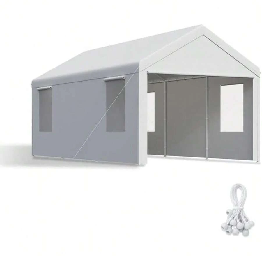 Carport,12x20 Heavy Duty Carports, Canopy, Garage, Metal Shed, With 4 Roll-Up Ventilated Windows, Outdoor, Storage, Car, Boat,12x20 Grey - White-10X20 - View 1