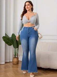 Jeans mit hoher Taille und weitem Bein in Große Größen für Frauen, lange Slim Fit Jeans mit Stretch für Mütter