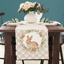 1pc Spring Easter Polyester Table Runner, 12.99x70.87 Inch, Rabbit, Wreath, Plaid Decor For Dining Table, Suitable For Holiday Room, Fireplace, Cabinet Decoration, Party Festival Decorations, Farmhouse Decor