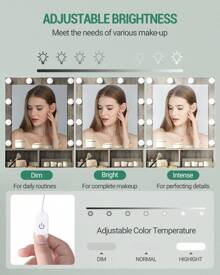 HEXCELEN Dressing Table With Mirror And 10 LED Lights, Dressing Table With 3 Shelves & 4 Open Compartments, Dressing Table With Large Drawer & Cabinet, 3 Adjustable Lighting Levels - 灰色 - 查看 6