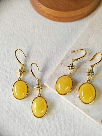 Low Stock! Natural Baltic Amber Drop Earrings Encrusted Mellite Gemstone With White Stars Fine Gift For Her Unique Accessories Sterling Silver 925 Anti-Allergic Jewelry Indie Stylish Look For White Christmas