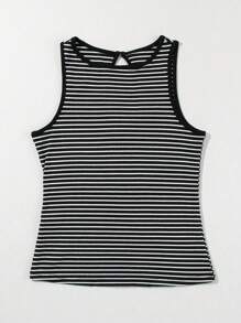 Striped Print Ribbed Knit Sleeveless Top - Black - View 7