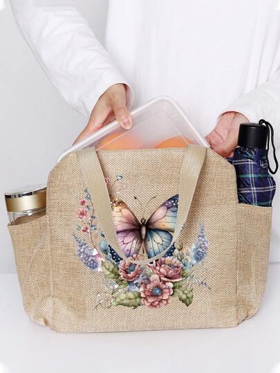 Butterfly Flower Print Lunch Bag - Portable, Suitable For School And Office - Keep Food Fresh And Delicious, Prepare Lunch For The Family Insulated Woman Lunch Box Bag For Women Ladies School Supplies Stuff Accessories