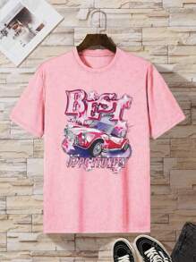 Camiseta de hombros caídos con estampado de coche y letra - Rosa - Ver 3