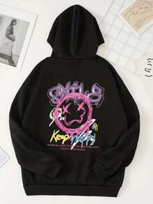 Cartoon And Letter Print Hooded Sweatshirt With Kangaroo Pocket With Drawstring And Thermal Lining - Black - View 1
