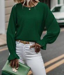 hoteel Women's Long Sleeve Shirts Ruffle Puff Sleeve Casual Loose Tops And Shirts - 墨綠色 - 查看 2
