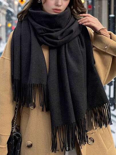 1条女士流苏羊绒围巾，加厚保暖披肩，纯色，多功能围脖，秋冬季