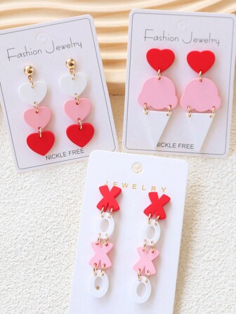1 Pair Acrylic Matte Enamel Heart, Ice Cream, XOXO Charm Dangle Earrings, Cute Long Vacation Style Holiday Earrings