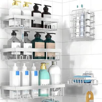 Adhesive Shower Caddy 5-Pack, Large Capacity Bathroom Organizers And Storage, Rustproof Shelves Rack With Soap Holder, No Drilling Wall-Mounted Kitchen & Home Decor, Bath Decor&Essentials, Black Home Bathroom Decor Summer Back To School