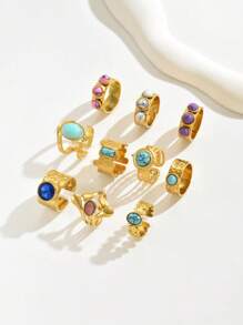 10pcs Vintage Metal Stainless Steel 18K Gold Plated Assorted Round, Square, Oval, Plain & Gemstone Decor Open Finger Rings For Women, Suitable For Daily Wear With Various Styles, Gift For Ramadan, Festivals