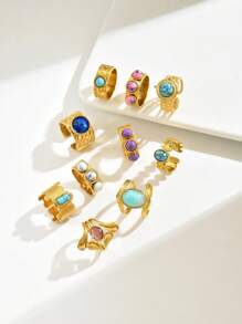 10pcs Vintage Metal Stainless Steel 18K Gold Plated Assorted Round, Square, Oval, Plain & Gemstone Decor Open Finger Rings For Women, Suitable For Daily Wear With Various Styles, Gift For Ramadan, Festivals