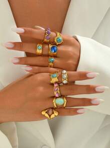 10pcs Vintage Metal Stainless Steel 18K Gold Plated Assorted Round, Square, Oval, Plain & Gemstone Decor Open Finger Rings For Women, Suitable For Daily Wear With Various Styles, Gift For Ramadan, Festivals