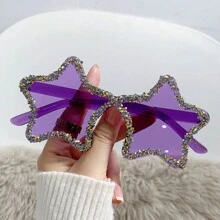 1 Pc Y2K Vintage Style Dopamine Fashion Glasses With Stars Design, Handmade Rhinestone Decoration, Frameless, Unique And Fashionable, Ideal For Wedding, Beach Party, Dance Party And Outdoor Activities Shades Beach Accessories Halloween Beach Accessories For Women Glasses Shades Basics Fall Winter Women Outfits Clothes Business Casual Gifts