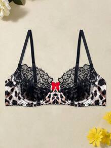 Holiday Season Ultrathin Bra French Bridal Lingerie Sexy Thin Leopard Print Lingerie Comfortable Underwear New Year And Valentine's Day Gifts Women's Underwire Bra Leopard Print Stripe Lingerie Sexy Ladies Romantic Bra Mesh Printed Red Bowknot Bralette