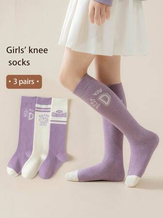 3 Pairs Kids Socks, Cartoon Letter Knee High Socks For Girls, Stretchy Soft, Suitable For Daily/School Wear, Autumn/Winter, Ages 3-12