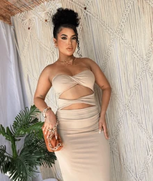 Strapless Suplex Midi Dress With Slit On The Back, Summer Launch Bee - Beige - View 3
