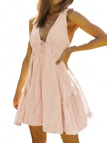 Women Summer Casual A-Line Dress Solid Color Deep V-Neck Tie-Up Mini Backless Tank Halterneck Clothes - Hồng - Xem 2
