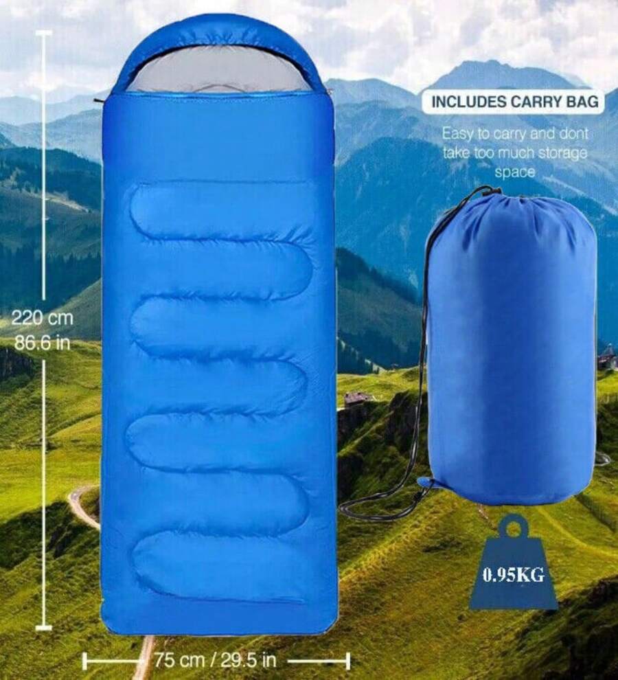 4 SEASON SINGLE SLEEPING BAGS CAMPING RECTANGULAR ENVELOPE ZIP UP ADULT UK - Blue - View 1