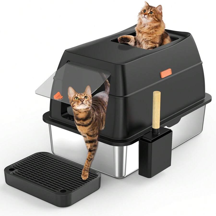 Stainless Steel Covered Litter Box, XXL Extra Large Enclosed Metal Litter Box, Removable With Pedal And Shovel, Leakproof, Non-Stick, Easy To Clean (Black) - Black - View 1