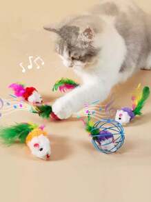 Interaktywne zabawki dla kotów, w kształcie piór i pluszowej myszy, odpowiednie do zabawy i dbania o zdrowie zębów kociąt