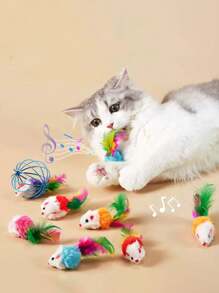 Interaktywne zabawki dla kotów, w kształcie piór i pluszowej myszy, odpowiednie do zabawy i dbania o zdrowie zębów kociąt