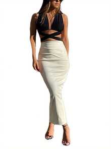 Women Autumn Sexy Skirt, Adults Slim-fit Solid Color Slit Leather Skirt Black, White - Blanco - Ver 4