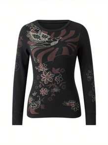 Women Basic Shirt Autumn Casual Vintage Print Long Sleeve Round Neck Tops Club Streetwear - 紅色 - 查看 4