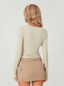 Womenacute;S Spring Autumn Knit T-Shirt Long Sleeve Solid Color Button Up Ribbed Tops