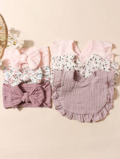 3pcs Soft And Stretchy Baby Headbands Set + 3pcs Candy-Colored Baby Drool Bibs Set Love Valentine