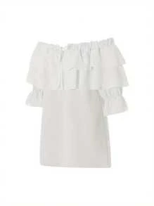 Women Fashion Wild Shirts Solid Color Boat-Neck Off-Shoulder Half Sleeve Chiffon Blouses Summer Casual Ruffles Tie-Up Tops - 白色 - 查看 7