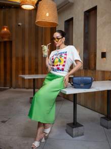 Satin Midi Skirt With Elastic - Green - View 2