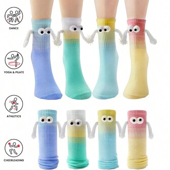 1pair Gradient Color Couple/Best Friends Hand-In-Hand Pattern Cute Cartoon Eyeball Funny Magnetic Casual Crew Socks, Warm Mid-Calf Socks