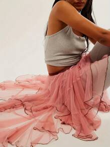 Women Sheer Tulle Skirt Casual Summer Irregular Layered Ruffled Elastic Skirt For Beach Vacation Club Streetwear - Pink - View 6
