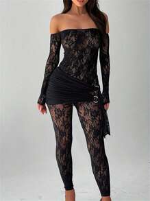 Women Lace Jumpsuit, Long Sleeve Off-Shoulder Patchwork Sheer Jumpsuit Slim Fit Fall Clubwear - màu đen - Xem 5