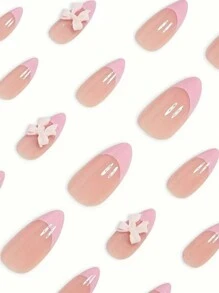 Short Almond French Tip Fake Nails Nude Full Cover Pink Bow Charm Fake Nails Design Gloss Nails Petite Cute Acrylic Nails Fake Nails 24 Pieces Press On Nails