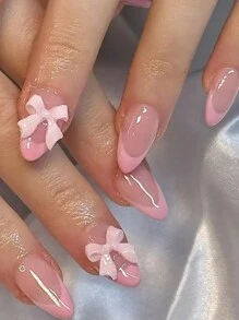 Short Almond French Tip Fake Nails Nude Full Cover Pink Bow Charm Fake Nails Design Gloss Nails Petite Cute Acrylic Nails Fake Nails 24 Pieces Press On Nails