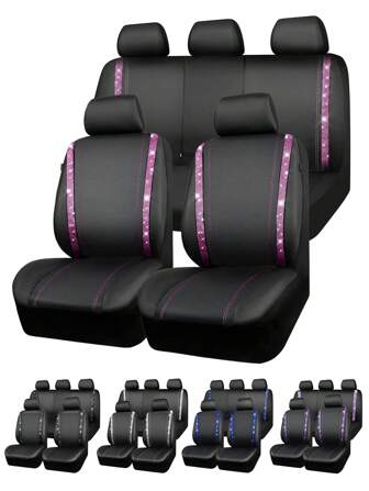 9 PIEZAS Funda universal para asiento de coche, Juego completo de fundas para asientos de coche, Fundas de asiento de coche de cuero de diamante con brillo, Fundas universales de tela con purpurina y cristales brillantes para mujeres y niñas, Fundas universales para asiento delantero de coche, SUV, sedán, furgoneta, cubiertas interiores para automóviles, compatibles con airbag, 9 PIEZAS incluidas: 2 fundas para asiento delantero, 1 funda para respaldo, 1 funda para asiento trasero y 5 fundas para reposacabezas. 4 PIEZAS incluidas: 2 fundas para asiento delantero y 2 fundas para reposacabezas